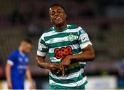 9 August 2022; Aidomo Emakhu of Shamrock Rovers celebrates after scoring his side's second goal during the UEFA Europa League third qualifying round second leg match between Shkupi and Shamrock Rovers at Arena Todor Proeski in Skopje, North Macedonia. Photo by Ognen Teofilovski/Sportsfile