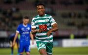 9 August 2022; Aidomo Emakhu of Shamrock Rovers celebrates after scoring his side's second goal during the UEFA Europa League third qualifying round second leg match between Shkupi and Shamrock Rovers at Arena Todor Proeski in Skopje, North Macedonia. Photo by Ognen Teofilovski/Sportsfile