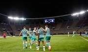 9 August 2022; Aidomo Emakhu of Shamrock Rovers, 38, celebrates with teammates after scoring their side's second goal during the UEFA Europa League third qualifying round second leg match between Shkupi and Shamrock Rovers at Arena Todor Proeski in Skopje, North Macedonia. Photo by Ognen Teofilovski/Sportsfile