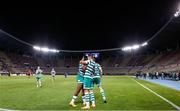 9 August 2022; Aidomo Emakhu of Shamrock Rovers, left, celebrates with teammate Lee Grace after scoring their side's second goal during the UEFA Europa League third qualifying round second leg match between Shkupi and Shamrock Rovers at Arena Todor Proeski in Skopje, North Macedonia. Photo by Ognen Teofilovski/Sportsfile