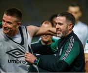 9 August 2022; Shamrock Rovers manager Stephen Bradley and Lee Grace after their side's victory in the UEFA Europa League third qualifying round second leg match between Shkupi and Shamrock Rovers at Arena Todor Proeski in Skopje, North Macedonia. Photo by Ognen Teofilovski/Sportsfile