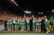 9 August 2022; Shamrock Rovers players celebrate after their side's victory in the UEFA Europa League third qualifying round second leg match between Shkupi and Shamrock Rovers at Arena Todor Proeski in Skopje, North Macedonia. Photo by Ognen Teofilovski/Sportsfile