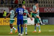 9 August 2022; Gary O'Neill and Lee Grace of Shamrock Rovers embrace after their side's victory in the UEFA Europa League third qualifying round second leg match between Shkupi and Shamrock Rovers at Arena Todor Proeski in Skopje, North Macedonia. Photo by Ognen Teofilovski/Sportsfile