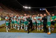 9 August 2022; Shamrock Rovers manager Stephen Bradley and his players celebrate after their side's victory in the UEFA Europa League third qualifying round second leg match between Shkupi and Shamrock Rovers at Arena Todor Proeski in Skopje, North Macedonia. Photo by Ognen Teofilovski/Sportsfile