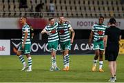 9 August 2022; Gary O'Neill and Lee Grace of Shamrock Rovers embrace after their side's victory in the UEFA Europa League third qualifying round second leg match between Shkupi and Shamrock Rovers at Arena Todor Proeski in Skopje, North Macedonia. Photo by Ognen Teofilovski/Sportsfile