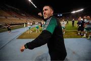 9 August 2022; Shamrock Rovers manager Stephen Bradley celebrates after his side's victory in the UEFA Europa League third qualifying round second leg match between Shkupi and Shamrock Rovers at Arena Todor Proeski in Skopje, North Macedonia. Photo by Ognen Teofilovski/Sportsfile