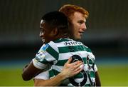 9 August 2022; Shamrock Rovers goalscorers Rory Gaffney and Aidomo Emakhu embrace after their side's victory in the UEFA Europa League third qualifying round second leg match between Shkupi and Shamrock Rovers at Arena Todor Proeski in Skopje, North Macedonia. Photo by Ognen Teofilovski/Sportsfile