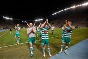 9 August 2022; Shamrock Rovers players Ronan Finn, Sean Kavanagh and Graham Burke after their side's victory in the UEFA Europa League third qualifying round second leg match between Shkupi and Shamrock Rovers at Arena Todor Proeski in Skopje, North Macedonia. Photo by Ognen Teofilovski/Sportsfile