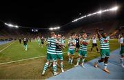 9 August 2022; Shamrock Rovers players embrace after their side's victory in the UEFA Europa League third qualifying round second leg match between Shkupi and Shamrock Rovers at Arena Todor Proeski in Skopje, North Macedonia. Photo by Ognen Teofilovski/Sportsfile