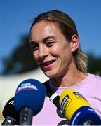 10 August 2022; German sprinter Alexandra Burghardt speaks to media after a press conference at Olympiaberg before the European Championships 2022 in Munich, Germany. Photo by David Fitzgerald/Sportsfile