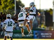 10 August 2022; Aidan Dempsey of Ireland celebrates scoring a goal with Conor Foley of Ireland during the 2022 World Lacrosse Men's U21 World Championship - Group A match between Ireland and Germany at University of Limerick in Limerick. Photo by Tom Beary/Sportsfile