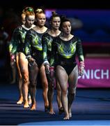 11 August 2022; Ireland gymnasts, from right, Kate Molloy, Emily Moorehead, Halle Hilton, Emma Slavin and Blaithnaid Higgins make their way out before the Women's Junior Gymnastics circuit during day 1 of the European Championships 2022 at the Olympiahalle in Munich, Germany. Photo by Ben McShane/Sportsfile