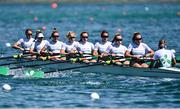 11 August 2022; Cox, Leah O'Regan with Ireland's Women's Eight team, Fiona Murtagh, Emily Hegarty, Tara Hanlon, Aifric Keogh, Natalie Long, Sanita Puspure, Zoe Hyde competing in the Women's Eight Team qualifying during day 1 of the European Championships 2022 at the Olympic Regatta Centre in Munich, Germany. Photo by David Fitzgerald/Sportsfile