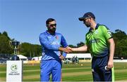 11 August 2022; Afghanistan captain Mohammad Nabi and Ireland captain Andrew Balbirnie shake hands before the Men's T20 International match between Ireland and Afghanistan at Stormont in Belfast. Photo by Sam Barnes/Sportsfile