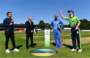 11 August 2022; Ireland captain Andrew Balbirnie, right, makes the toss watched by from left, HBV studios commentator Andrew Blair White, match referee Graham McCrea and Afghanistan captain Mohammad Nabi during the Men's T20 International match between Ireland and Afghanistan at Stormont in Belfast. Photo by Sam Barnes/Sportsfile