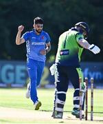 11 August 2022; Naveen ul Haq Murid of Afghanistan celebrates after bowling Paul Stirling of Ireland during the Men's T20 International match between Ireland and Afghanistan at Stormont in Belfast. Photo by Sam Barnes/Sportsfile