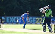 11 August 2022; Naveen ul Haq Murid of Afghanistan bowls out Paul Stirling of Ireland during the Men's T20 International match between Ireland and Afghanistan at Stormont in Belfast. Photo by Sam Barnes/Sportsfile