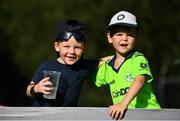 11 August 2022; Ireland supporters Ewan Malan, aged 4, left, son of Ireland head coach Heinrich Malan, and Oliver Wilson aged 4, during the Men's T20 International match between Ireland and Afghanistan at Stormont in Belfast. Photo by Sam Barnes/Sportsfile