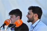 11 August 2022; Afghanistan Cricket Association member Bashir Gharwal, right, commentates during the Men's T20 International match between Ireland and Afghanistan at Stormont in Belfast. Photo by Sam Barnes/Sportsfile