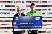 11 August 2022; Josh Little of Ireland is presented with the player of the match award by Cricket Ireland president David Griffin during the Men's T20 International match between Ireland and Afghanistan at Stormont in Belfast. Photo by Sam Barnes/Sportsfile