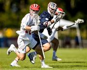 11 August 2022; Daniel Flisk of England in action against Cole Kirst of USA during the 2022 World Lacrosse Men's U21 World Championship - Group A match between USA and England at the University of Limerick in Limerick. Photo by Tom Beary/Sportsfile