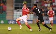 11 August 2022; Chris Forrester of St Patrick's Athletic in action against Bradley De Nooijer of CSKA Sofia during the UEFA Europa Conference League third qualifying round second leg match between St Patrick's Athletic and CSKA Sofia at Tallaght Stadium in Dublin. Photo by Stephen McCarthy/Sportsfile