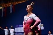 11 August 2022; Carina Kroell of Austria looks to the big screen as she awaits her score after competing in the Women's Floor Exercise during day 1 of the European Championships 2022 at the Olympiahalle in Munich, Germany. Photo by Ben McShane/Sportsfile