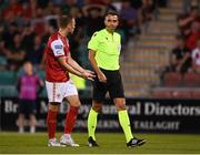 11 August 2022; Jamie Lennon of St Patrick's Athletic protests to referee Horatiu Fesnic after awarding a penalty during the UEFA Europa Conference League third qualifying round second leg match between St Patrick's Athletic and CSKA Sofia at Tallaght Stadium in Dublin. Photo by Harry Murphy/Sportsfile