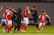 11 August 2022; St Patrick's Athletic and CSKA Sofia players, including Bradley De Nooijer and Tom Grivosti, tussle after the UEFA Europa Conference League third qualifying round second leg match between St Patrick's Athletic and CSKA Sofia at Tallaght Stadium in Dublin. Photo by Harry Murphy/Sportsfile