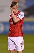 11 August 2022; Chris Forrester of St Patrick's Athletic holds his face after the UEFA Europa Conference League third qualifying round second leg match between St Patrick's Athletic and CSKA Sofia at Tallaght Stadium in Dublin. Photo by Harry Murphy/Sportsfile