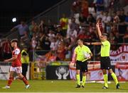11 August 2022; Referee Horatiu Fesnic shows a red card after the UEFA Europa Conference League third qualifying round second leg match between St Patrick's Athletic and CSKA Sofia at Tallaght Stadium in Dublin. Photo by Harry Murphy/Sportsfile