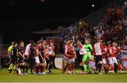 11 August 2022; St Patrick's Athletic and CSKA Sofia players  tussle after the UEFA Europa Conference League third qualifying round second leg match between St Patrick's Athletic and CSKA Sofia at Tallaght Stadium in Dublin. Photo by Harry Murphy/Sportsfile