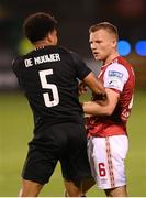 11 August 2022; Jamie Lennon of St Patrick's Athletic and Bradley De Nooijer of CSKA Sofia tussle after the UEFA Europa Conference League third qualifying round second leg match between St Patrick's Athletic and CSKA Sofia at Tallaght Stadium in Dublin. Photo by Stephen McCarthy/Sportsfile