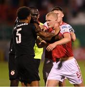 11 August 2022; Tom Grivosti of St Patrick's Athletic and Bradley De Nooijer of CSKA Sofia tussle after the UEFA Europa Conference League third qualifying round second leg match between St Patrick's Athletic and CSKA Sofia at Tallaght Stadium in Dublin. Photo by Stephen McCarthy/Sportsfile