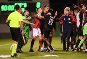 11 August 2022; Chris Forrester of St Patrick's Athletic and Mauricio Garcez of CSKA Sofia tussle after the UEFA Europa Conference League third qualifying round second leg match between St Patrick's Athletic and CSKA Sofia at Tallaght Stadium in Dublin. Photo by Stephen McCarthy/Sportsfile