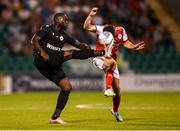 11 August 2022; Amos Youga of CSKA Sofia in action against Adam O'Reilly of St Patrick's Athletic during the UEFA Europa Conference League third qualifying round second leg match between St Patrick's Athletic and CSKA Sofia at Tallaght Stadium in Dublin. Photo by Stephen McCarthy/Sportsfile