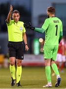 11 August 2022; Referee Horatiu Fesnic and Gustavo Busatto of CSKA Sofia during the UEFA Europa Conference League third qualifying round second leg match between St Patrick's Athletic and CSKA Sofia at Tallaght Stadium in Dublin. Photo by Stephen McCarthy/Sportsfile