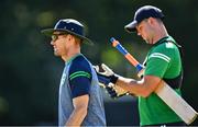 12 August 2022; Ireland head coach Heinrich Malan, left, and Fionn Hand of Ireland before the Men's T20 International match between Ireland and Afghanistan at Stormont in Belfast. Photo by Ramsey Cardy/Sportsfile