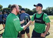 12 August 2022; Fionn Hand, right, and Paul Stirling of Ireland before the Men's T20 International match between Ireland and Afghanistan at Stormont in Belfast. Photo by Ramsey Cardy/Sportsfile