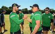 12 August 2022; Ireland captain Andrew Balbirnie and Graham Hume of Ireland before the Men's T20 International match between Ireland and Afghanistan at Stormont in Belfast. Photo by Ramsey Cardy/Sportsfile