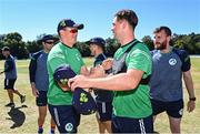 12 August 2022; Ireland debutants Graham Hume, left, and Fionn Hand before the Men's T20 International match between Ireland and Afghanistan at Stormont in Belfast. Photo by Ramsey Cardy/Sportsfile