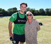 12 August 2022; Ireland debutant Fionn Hand, with his mum Brenda, before the Men's T20 International match between Ireland and Afghanistan at Stormont in Belfast. Photo by Ramsey Cardy/Sportsfile
