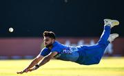 12 August 2022; Naveen ul Haq Murid of Afghanistan fails to catch the shot by Gareth Delany of Ireland during the Men's T20 International match between Ireland and Afghanistan at Stormont in Belfast. Photo by Ramsey Cardy/Sportsfile