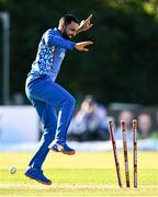 12 August 2022; Mohammad Nabi of Afghanistan appeals for the dismissal of George Dockrell of Ireland during the Men's T20 International match between Ireland and Afghanistan at Stormont in Belfast. Photo by Ramsey Cardy/Sportsfile