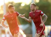 12 August 2022; Stephen Walsh of Galway United, right, celebrates after scoring his side's first goal with team-mate Max Hemmings during the SSE Airtricity League First Division match between Waterford and Galway United at RSC in Waterford. Photo by Michael P Ryan/Sportsfile