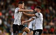 12 August 2022; Dundalk players John Martin, left, and Joe Adams celebrate their side's first goal during the SSE Airtricity League Premier Division match between Bohemians and Dundalk at Dalymount Park in Dublin. Photo by Sam Barnes/Sportsfile