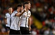 12 August 2022; Dundalk players John Martin, right, and Joe Adams celebrate their side's first goal during the SSE Airtricity League Premier Division match between Bohemians and Dundalk at Dalymount Park in Dublin. Photo by Sam Barnes/Sportsfile