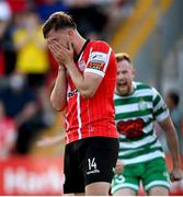 12 August 2022; Will Patching of Derry City reacts after missing a first half penalty during the SSE Airtricity League Premier Division match between Derry City and Shamrock Rovers at The Ryan McBride Brandywell Stadium in Derry. Photo by Stephen McCarthy/Sportsfile