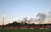 12 August 2022; Smoke is seen rising behind the Ryan McBride Brandywell Stadium during the SSE Airtricity League Premier Division match between Derry City and Shamrock Rovers at The Ryan McBride Brandywell Stadium in Derry. Photo by Stephen McCarthy/Sportsfile
