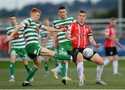 12 August 2022; Rory Gaffney of Shamrock Rovers in action against Patrick McEleney of Derry City during the SSE Airtricity League Premier Division match between Derry City and Shamrock Rovers at The Ryan McBride Brandywell Stadium in Derry. Photo by Stephen McCarthy/Sportsfile